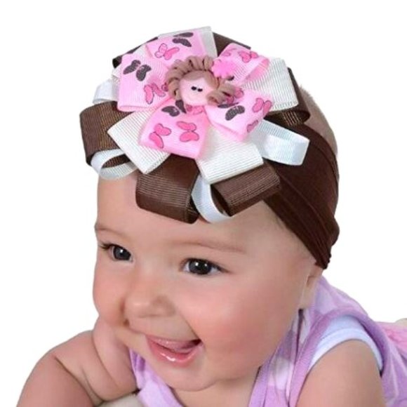 Baby Headband, Girl's Hairband Brown, White & Pink with Doll Face - Picture 1 of 2